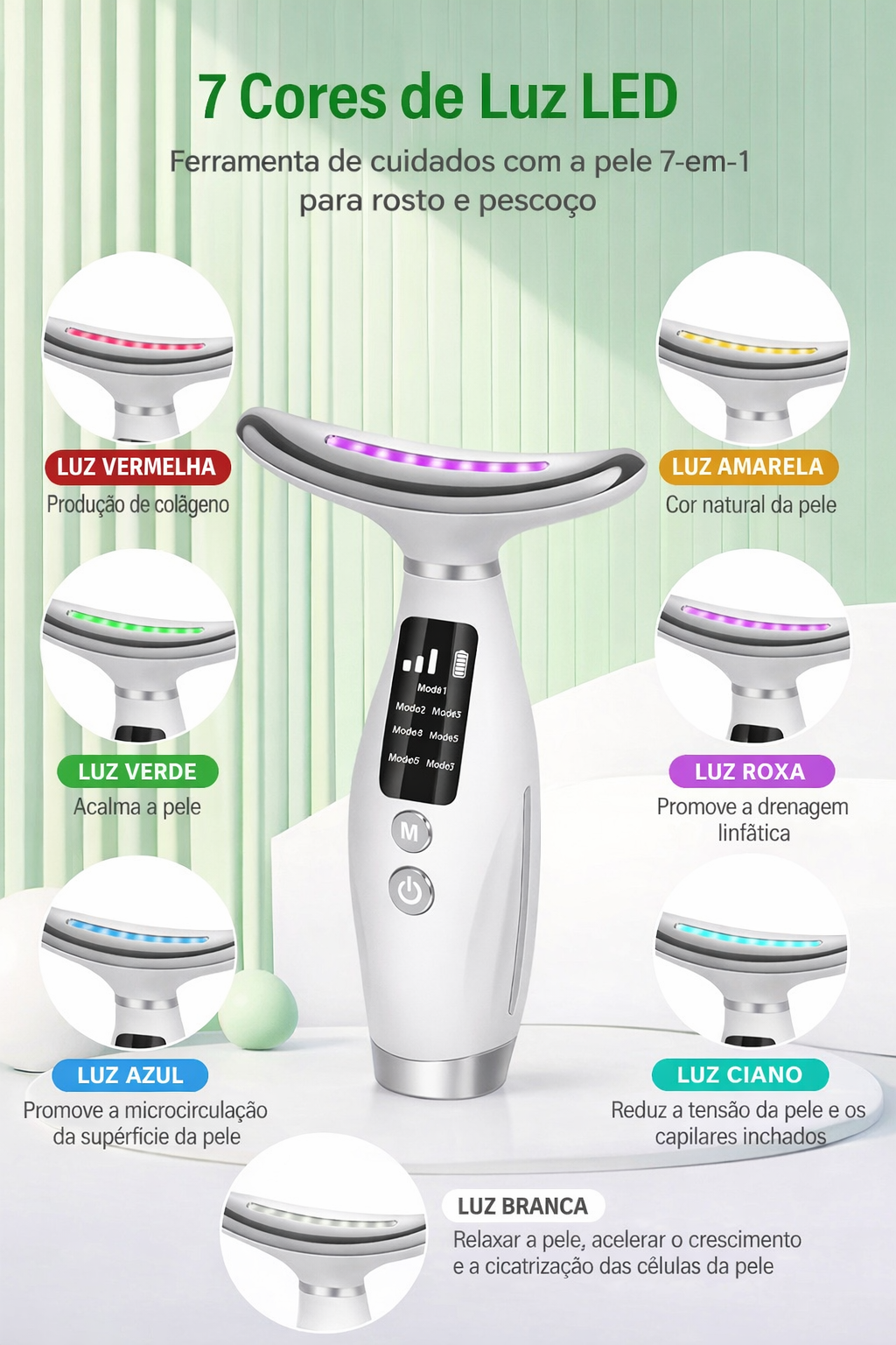 Massageador facial e de pescoço com aquecimento e luz LED
