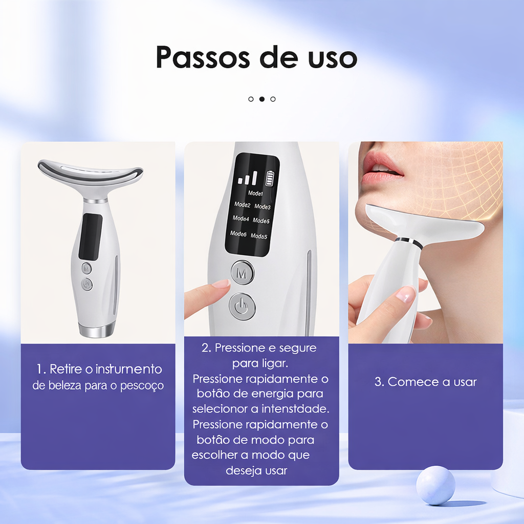 Massageador facial e de pescoço com aquecimento e luz LED